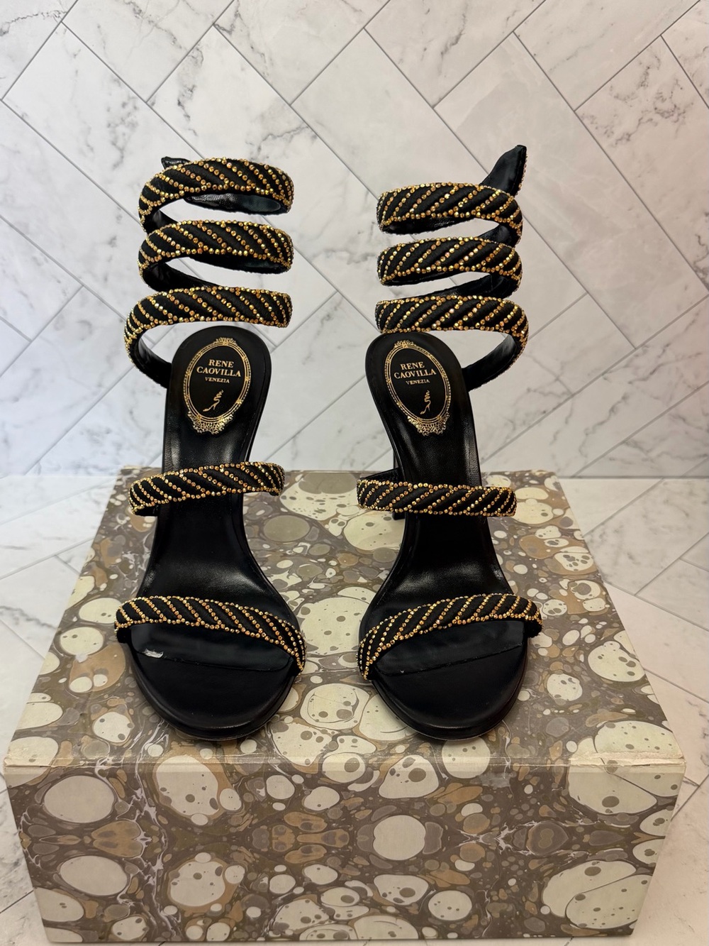 Rene Caovilla CLEO 105 Black Satin Metallic Sunshine Strass.